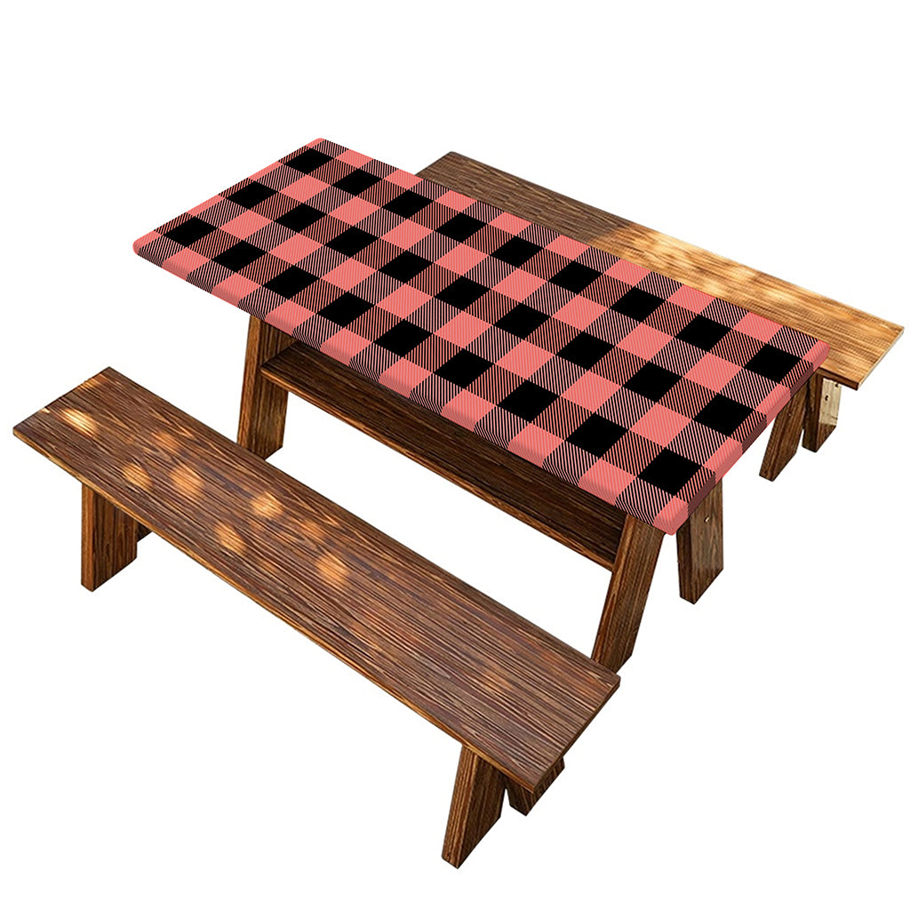 Coral Pink And Black Buffalo Check Print Picnic Table Cover