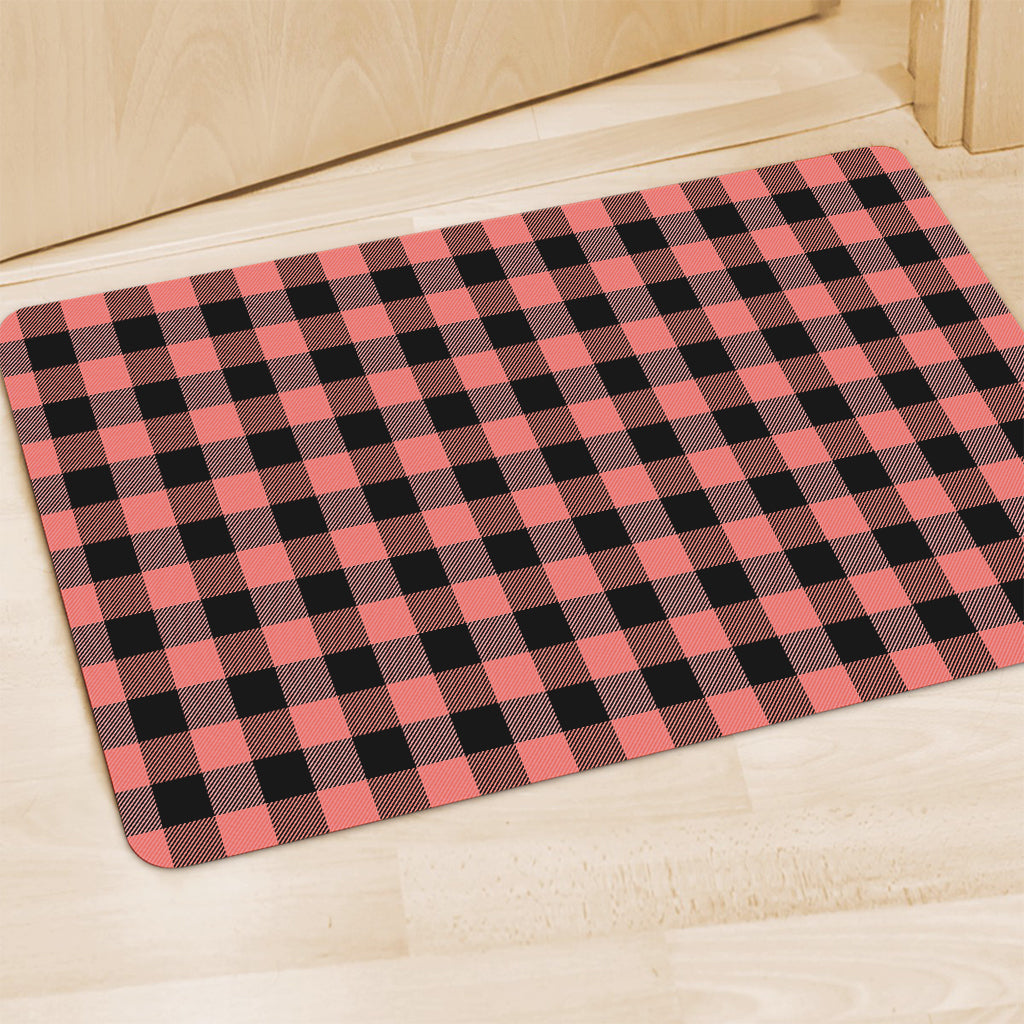 Coral Pink And Black Buffalo Check Print Polyester Doormat