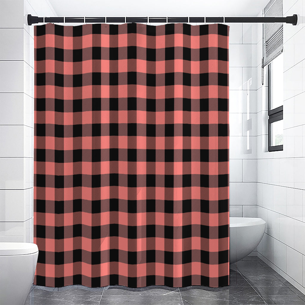 Coral Pink And Black Buffalo Check Print Premium Shower Curtain