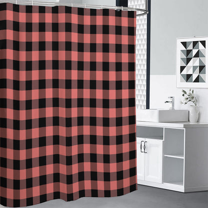 Coral Pink And Black Buffalo Check Print Premium Shower Curtain