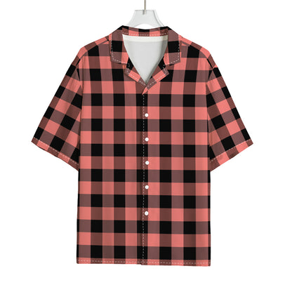 Coral Pink And Black Buffalo Check Print Rayon Hawaiian Shirt
