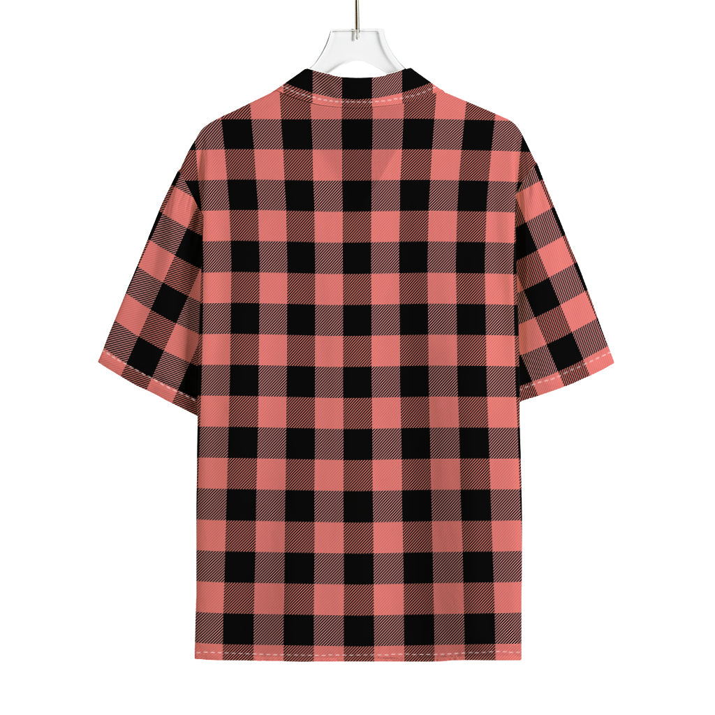 Coral Pink And Black Buffalo Check Print Rayon Hawaiian Shirt