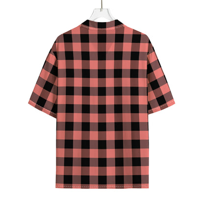 Coral Pink And Black Buffalo Check Print Rayon Hawaiian Shirt