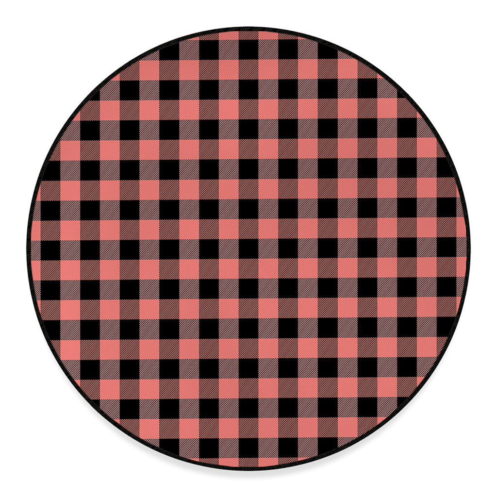 Coral Pink And Black Buffalo Check Print Round Floor Mat