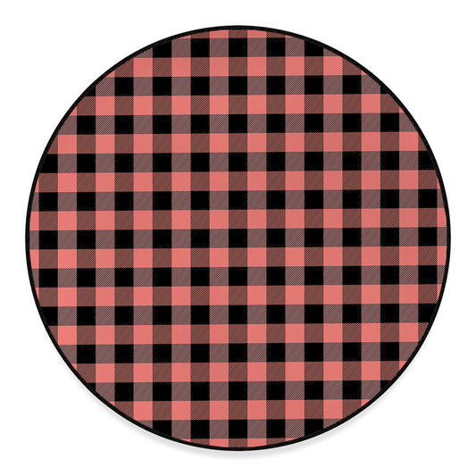 Coral Pink And Black Buffalo Check Print Round Floor Mat