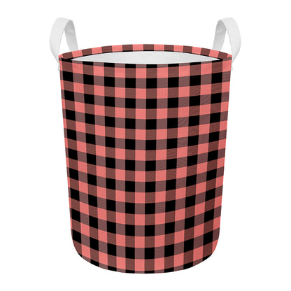 Coral Pink And Black Buffalo Check Print Round Laundry Basket