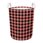 Coral Pink And Black Buffalo Check Print Round Laundry Basket