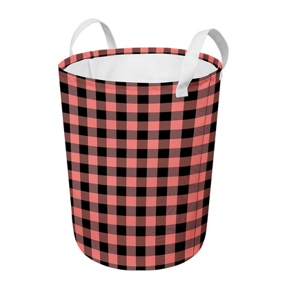 Coral Pink And Black Buffalo Check Print Round Laundry Basket
