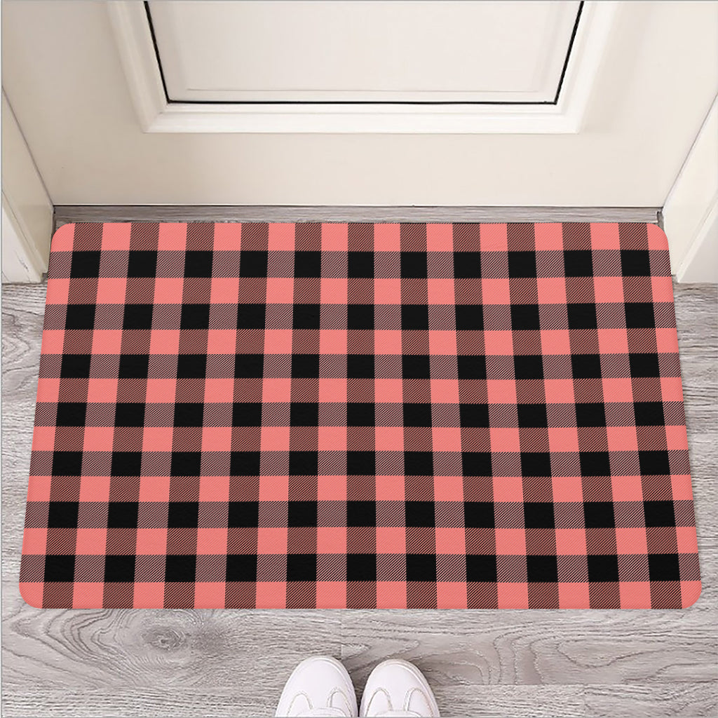 Coral Pink And Black Buffalo Check Print Rubber Doormat