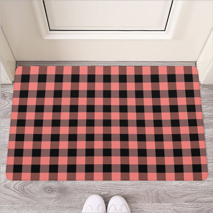 Coral Pink And Black Buffalo Check Print Rubber Doormat