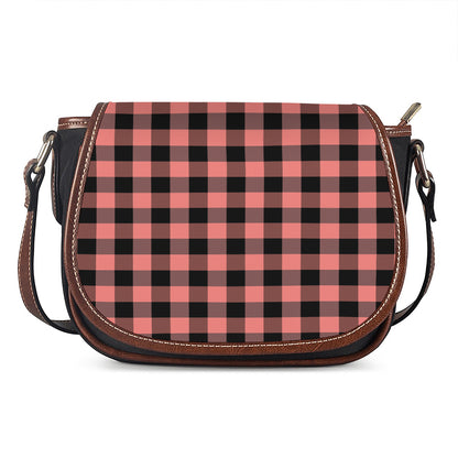 Coral Pink And Black Buffalo Check Print Saddle Bag