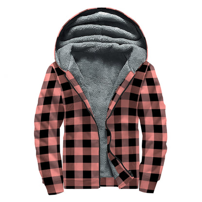 Coral Pink And Black Buffalo Check Print Sherpa Lined Zip Up Hoodie