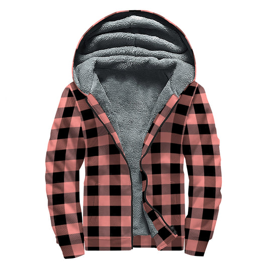 Coral Pink And Black Buffalo Check Print Sherpa Lined Zip Up Hoodie