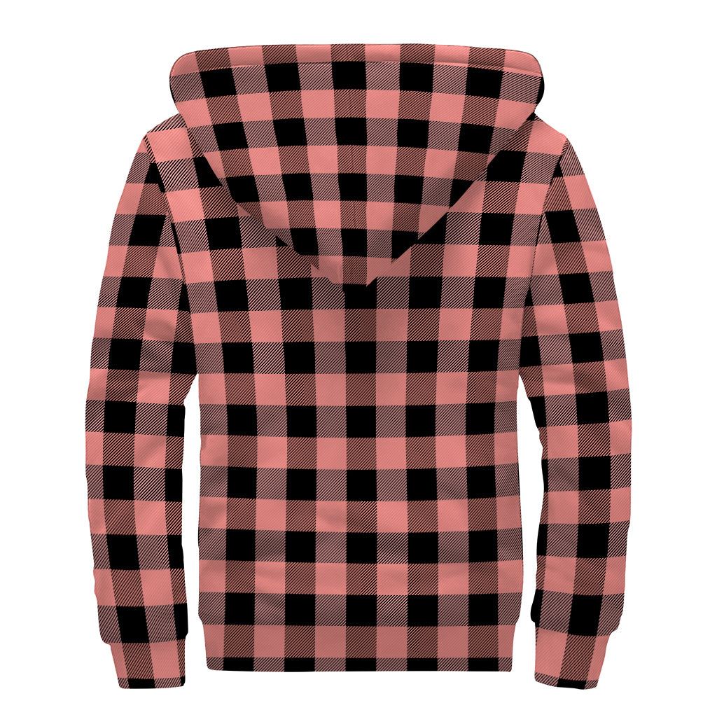 Coral Pink And Black Buffalo Check Print Sherpa Lined Zip Up Hoodie