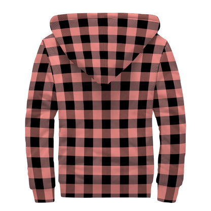 Coral Pink And Black Buffalo Check Print Sherpa Lined Zip Up Hoodie