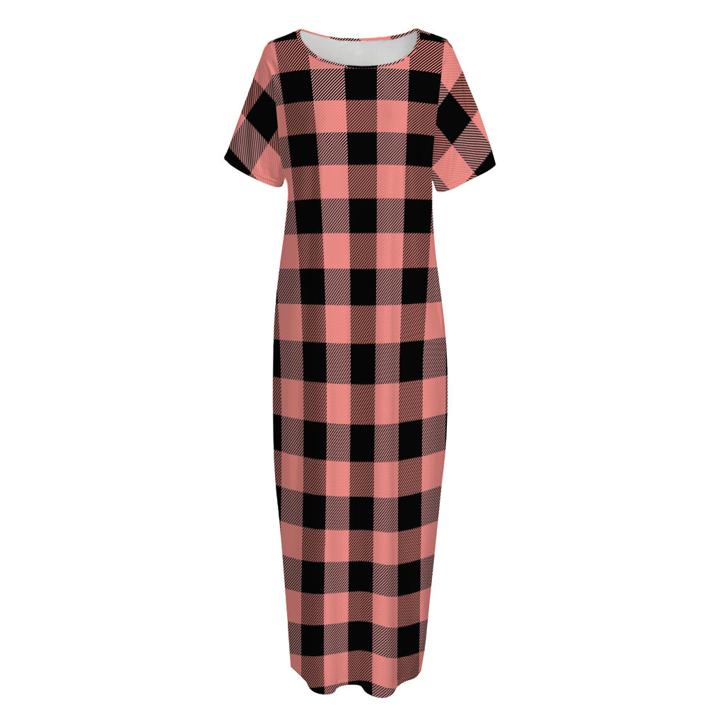Coral Pink And Black Buffalo Check Print Short Sleeve Long Nightdress