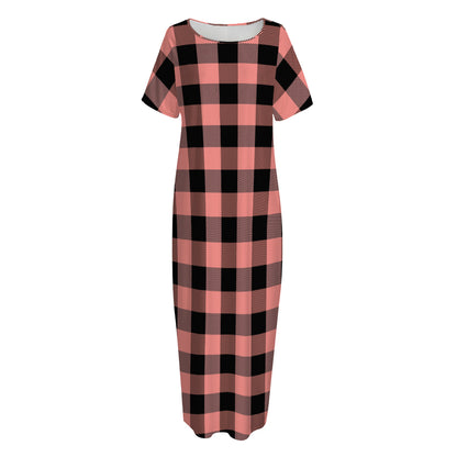 Coral Pink And Black Buffalo Check Print Short Sleeve Long Nightdress
