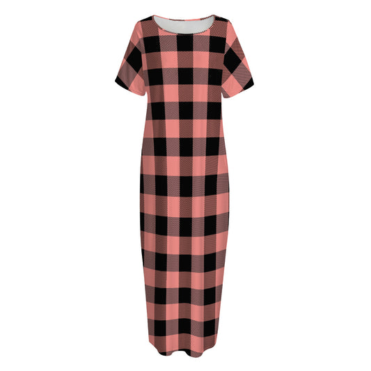 Coral Pink And Black Buffalo Check Print Short Sleeve Long Nightdress