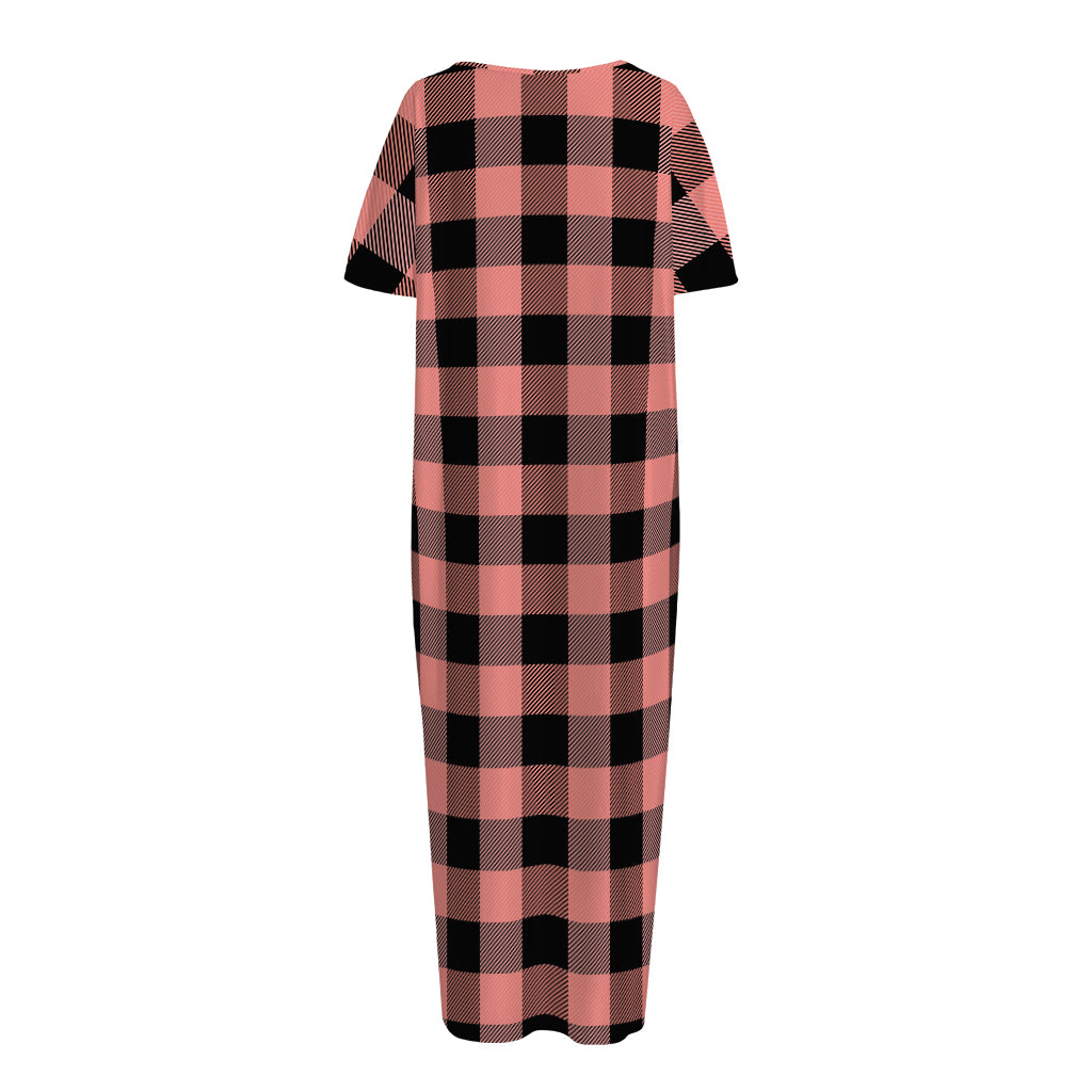Coral Pink And Black Buffalo Check Print Short Sleeve Long Nightdress