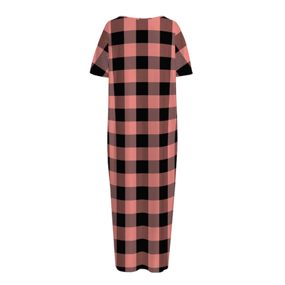 Coral Pink And Black Buffalo Check Print Short Sleeve Long Nightdress