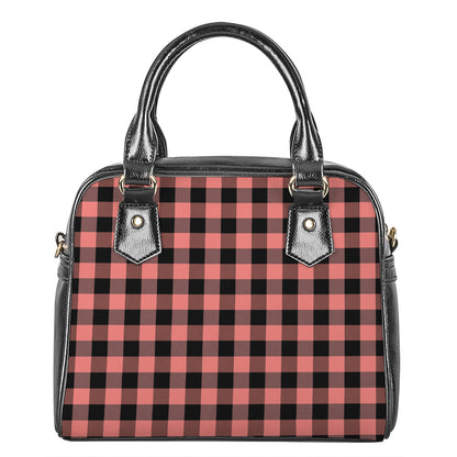 Coral Pink And Black Buffalo Check Print Shoulder Handbag