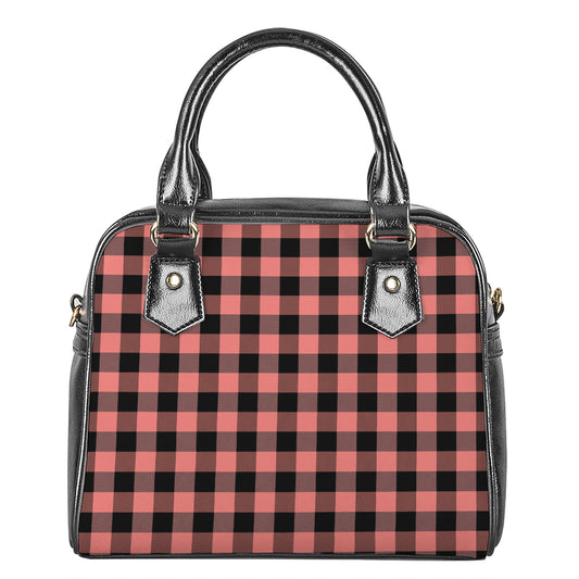 Coral Pink And Black Buffalo Check Print Shoulder Handbag