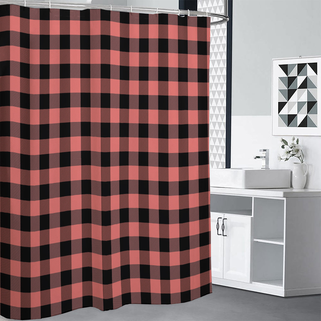 Coral Pink And Black Buffalo Check Print Shower Curtain