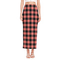 Coral Pink And Black Buffalo Check Print Side Slit Maxi Skirt