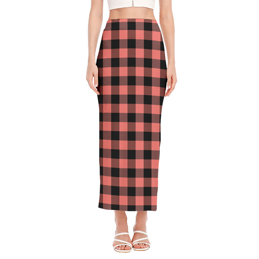 Coral Pink And Black Buffalo Check Print Side Slit Maxi Skirt