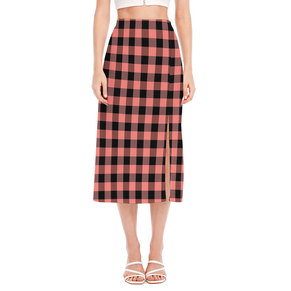Coral Pink And Black Buffalo Check Print Side Slit Midi Skirt