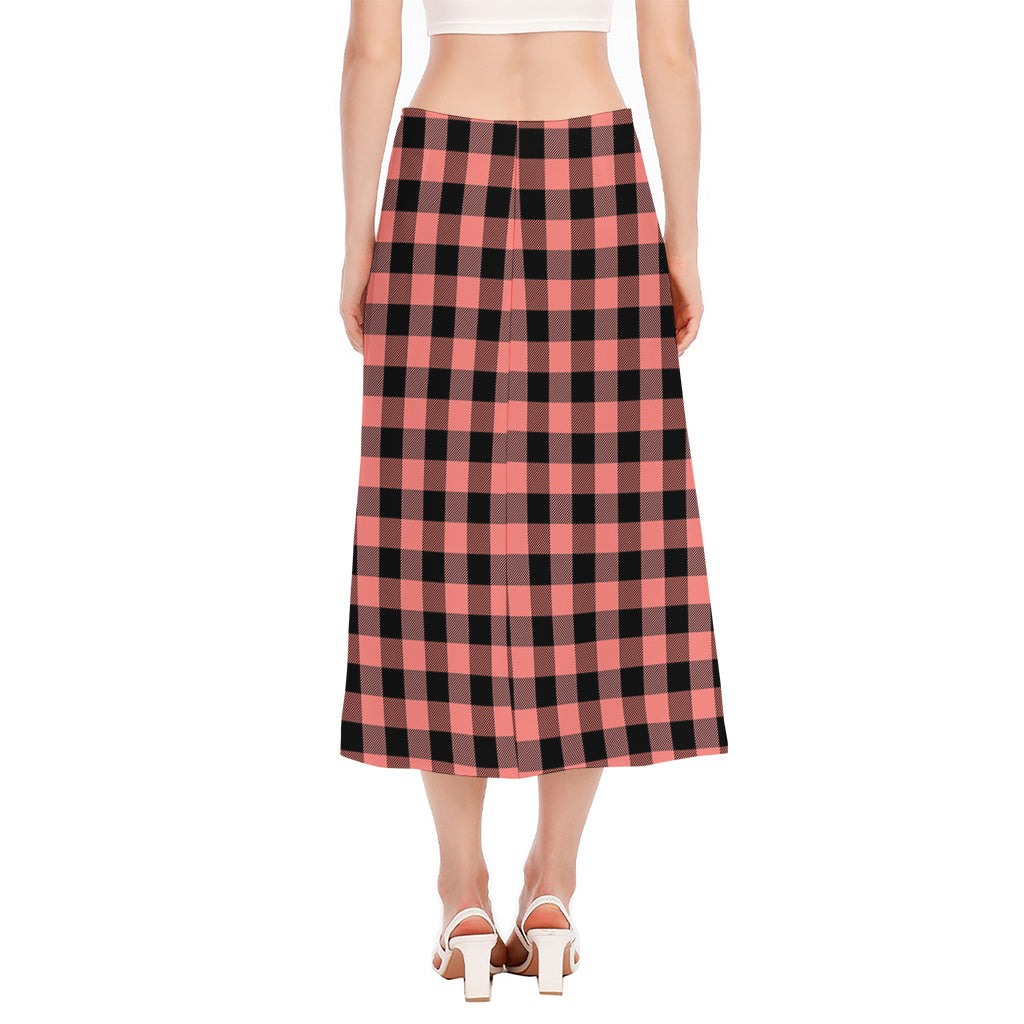 Coral Pink And Black Buffalo Check Print Side Slit Midi Skirt