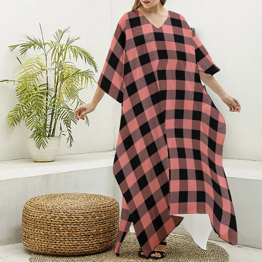 Coral Pink And Black Buffalo Check Print Silk V-Neck Kaftan Dress