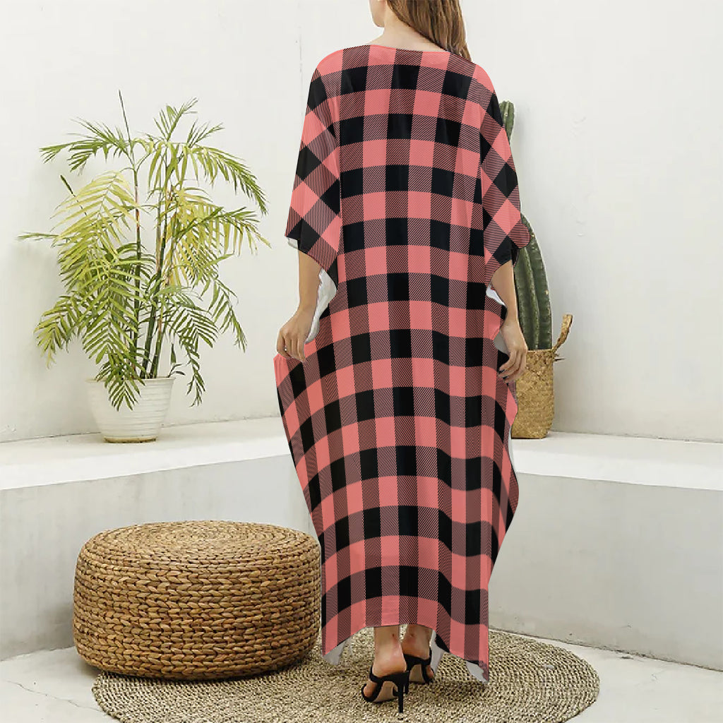 Coral Pink And Black Buffalo Check Print Silk V-Neck Kaftan Dress
