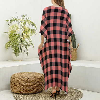 Coral Pink And Black Buffalo Check Print Silk V-Neck Kaftan Dress
