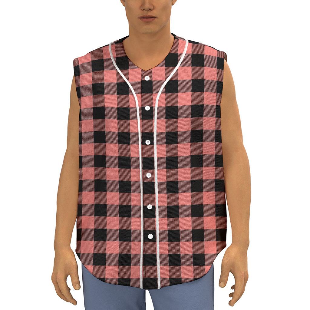 Coral Pink And Black Buffalo Check Print Sleeveless Baseball Jersey