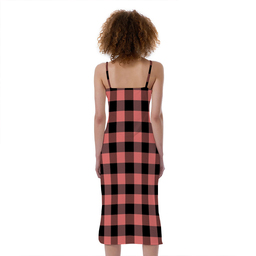 Coral Pink And Black Buffalo Check Print Slim Fit Midi Cami Dress
