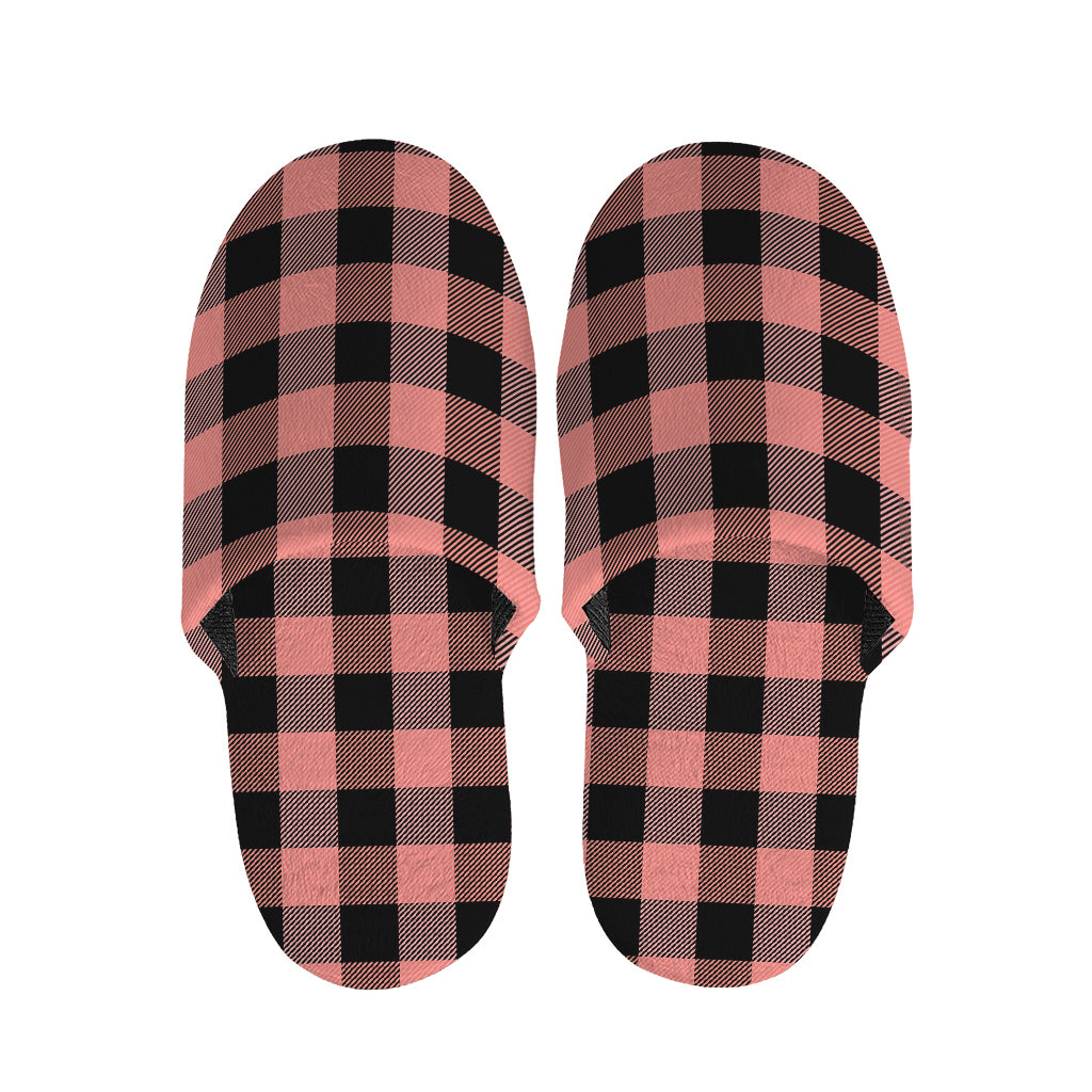 Coral Pink And Black Buffalo Check Print Slippers