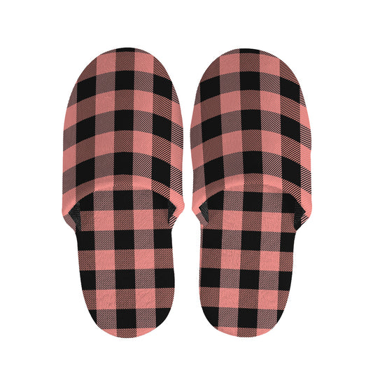 Coral Pink And Black Buffalo Check Print Slippers