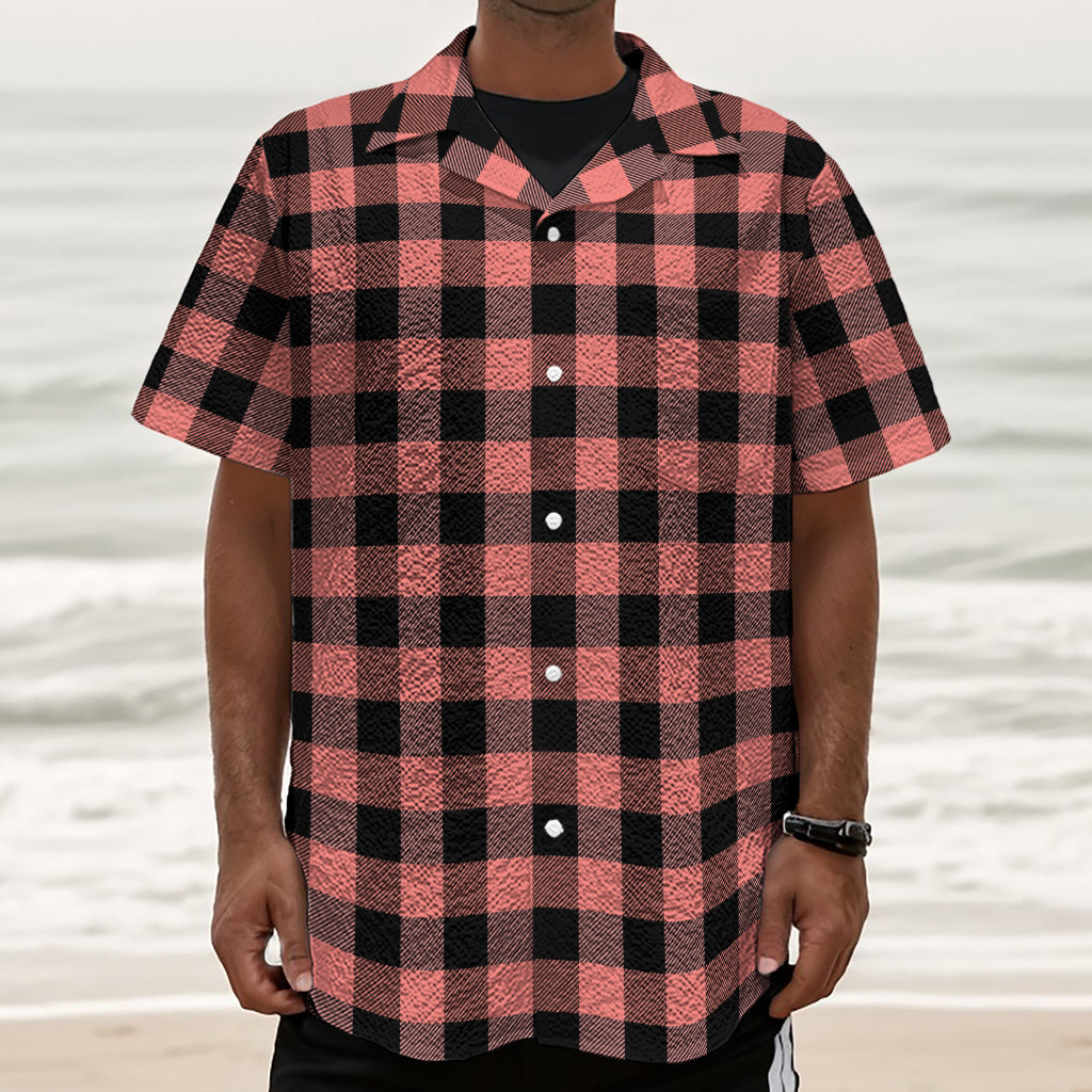 Coral Pink And Black Buffalo Check Print Textured Short Sleeve Shirt