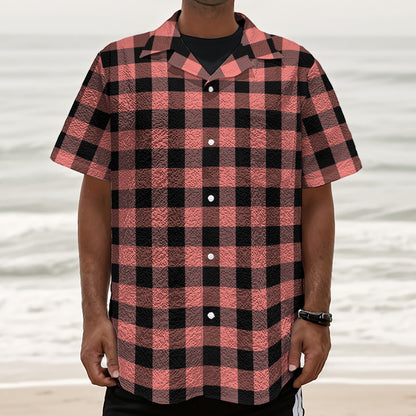 Coral Pink And Black Buffalo Check Print Textured Short Sleeve Shirt