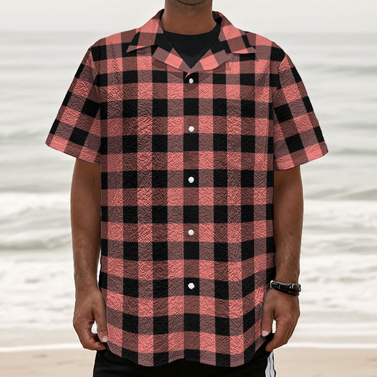 Coral Pink And Black Buffalo Check Print Textured Short Sleeve Shirt