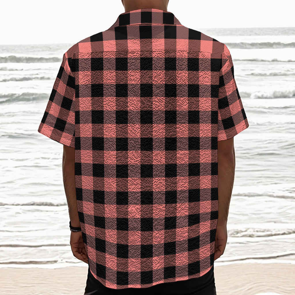 Coral Pink And Black Buffalo Check Print Textured Short Sleeve Shirt