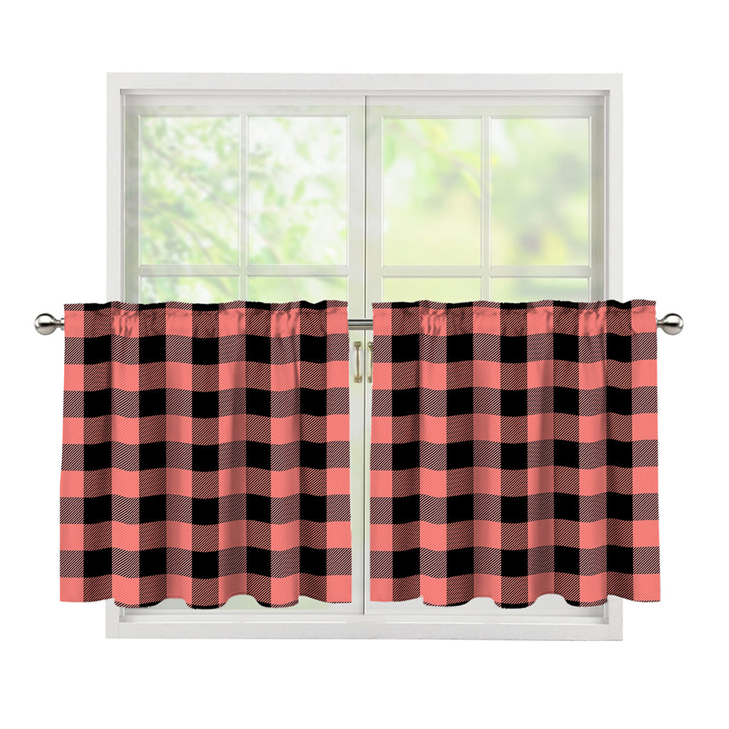 Coral Pink And Black Buffalo Check Print Tier Curtains