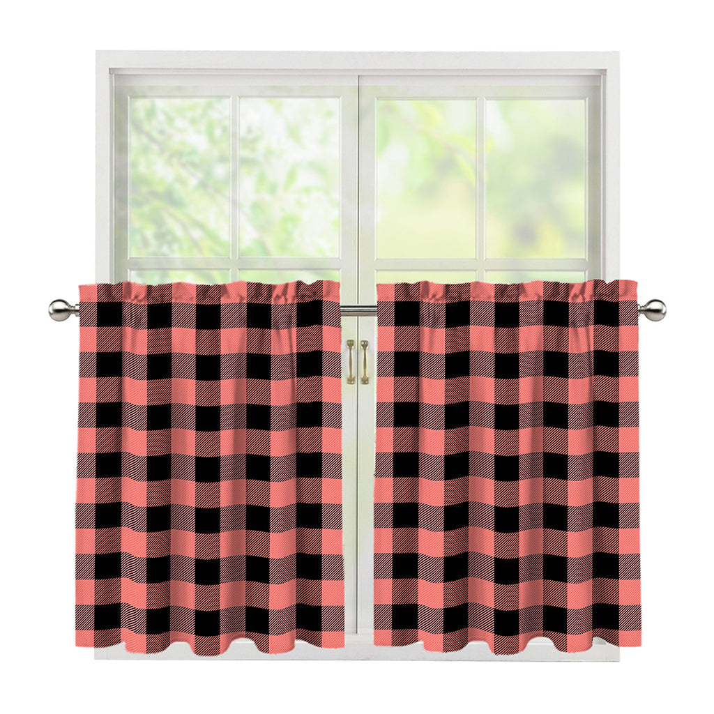 Coral Pink And Black Buffalo Check Print Tier Curtains