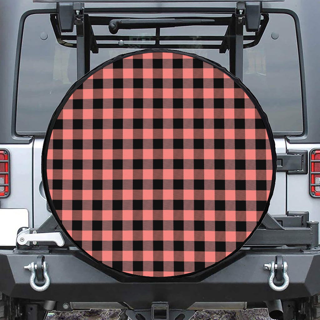 Coral Pink And Black Buffalo Check Print Tire Cover