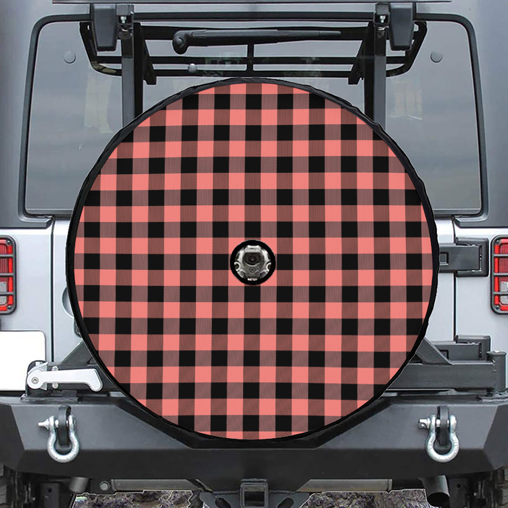 Coral Pink And Black Buffalo Check Print Tire Cover With Camera Hole