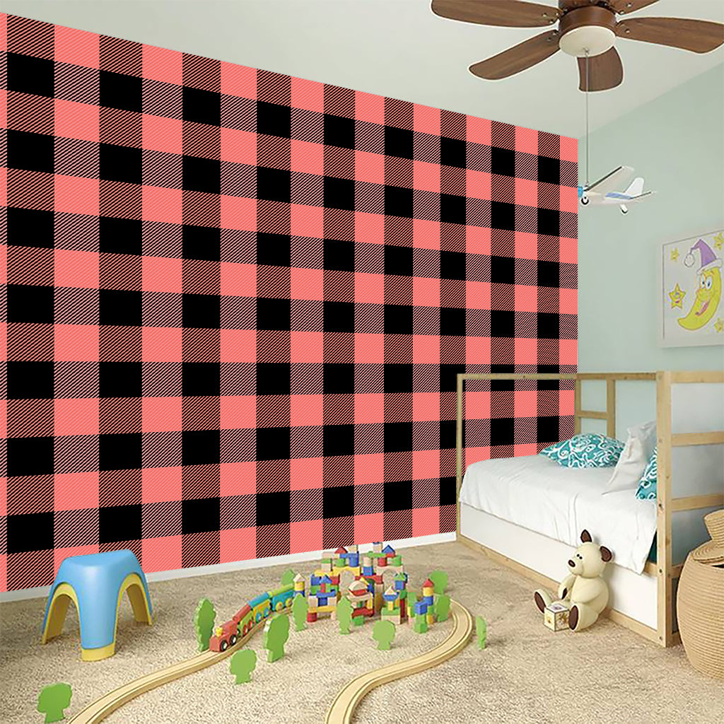 Coral Pink And Black Buffalo Check Print Wall Sticker