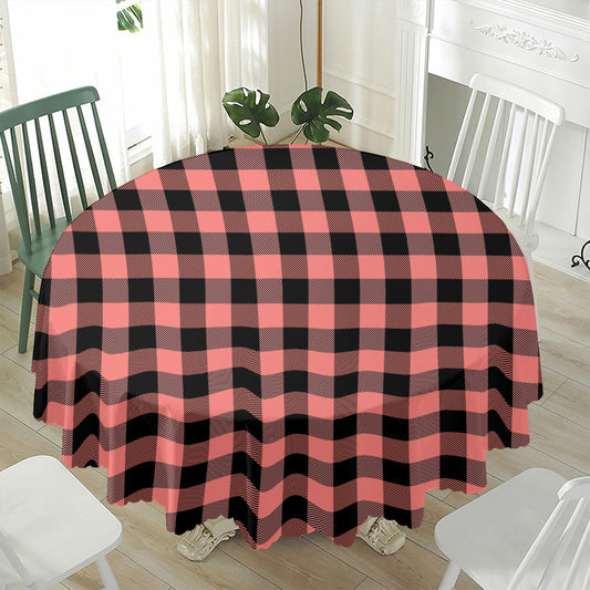 Coral Pink And Black Buffalo Check Print Waterproof Round Tablecloth