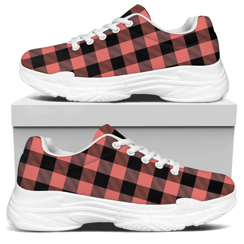 Coral Pink And Black Buffalo Check Print White Chunky Shoes
