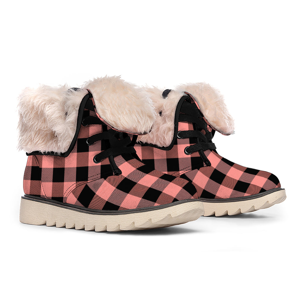 Coral Pink And Black Buffalo Check Print Winter Boots